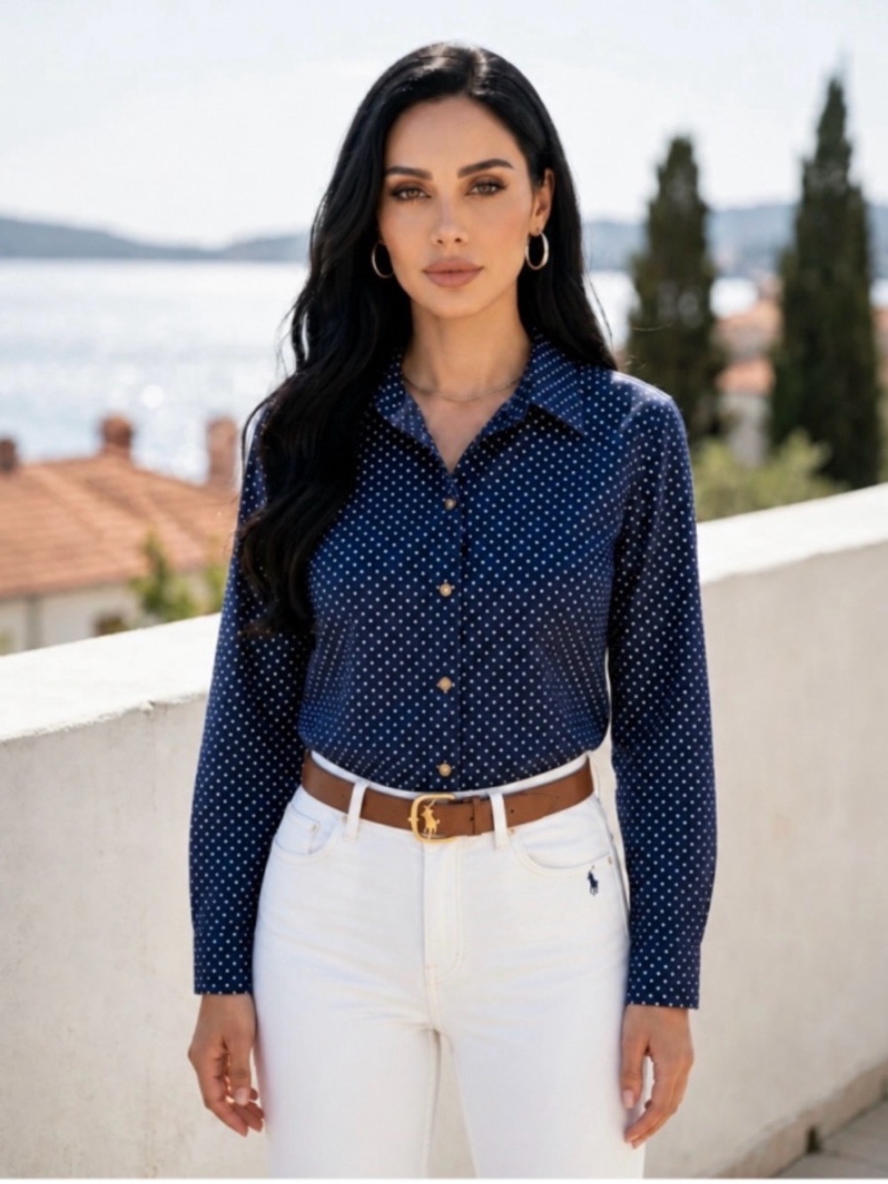 Lauren Ralph Lauren Button Down Shirt Medium Blue White Polka Dot
